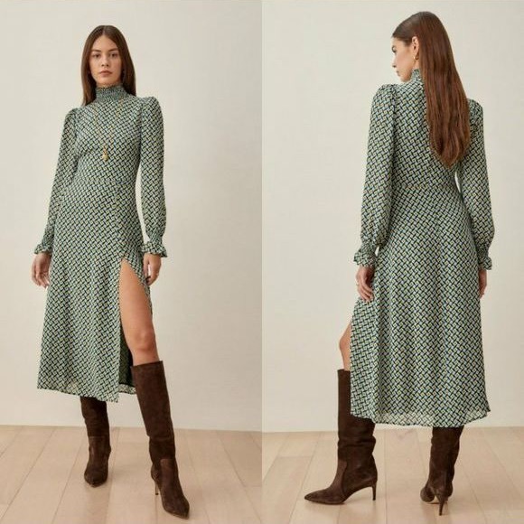 REFORMATION Stevi Mosaic Print Side Slit Long Sleeves Mock Neck Midi Dress Sz 0 - Picture 6 of 6